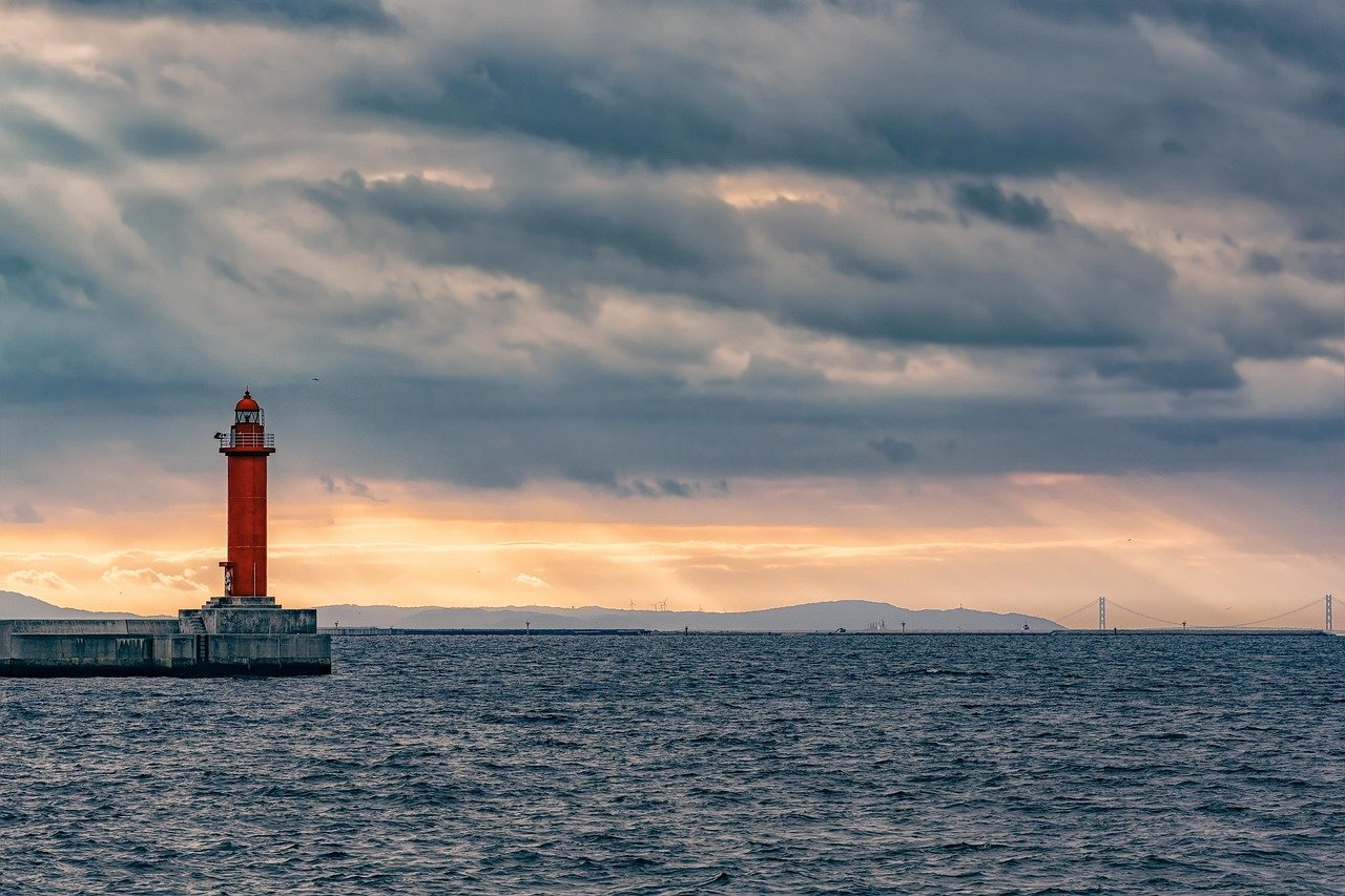 red lighthouse, osaka bay, sea, clouds, sky, cloudy, nature, cloudy sky, seascape, lighthouse, akashi-kaikyo bridge, japan, watchtower, beacon, navigation